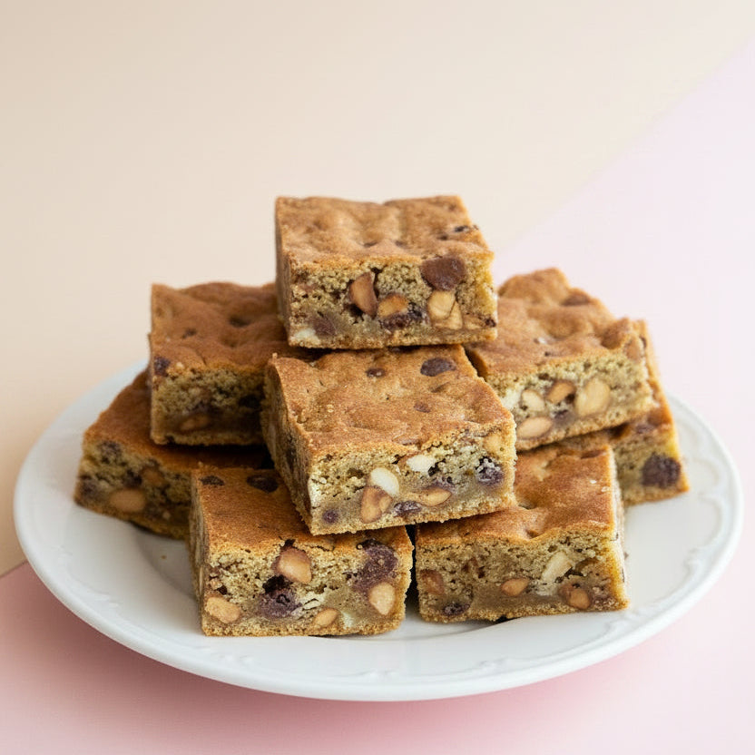 Sliced blondies on a wooden cutting board, showcasing a golden-brown color with visible chocolate chips and nuts.