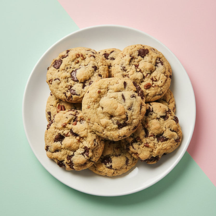A photo of several pecan chocolate chip cookies on a wooden board, with a dark background.