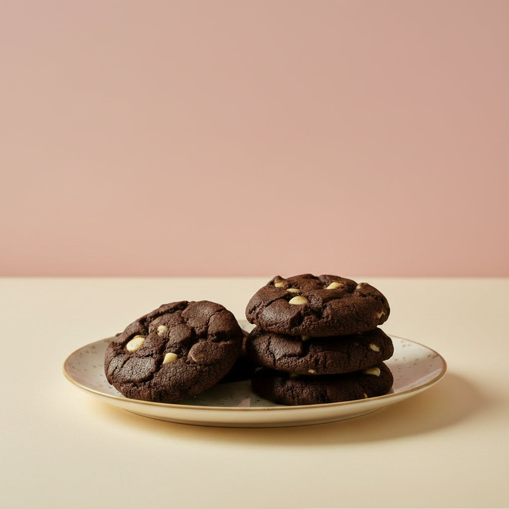 Chocolate cookies on a speckled ceramic plate
