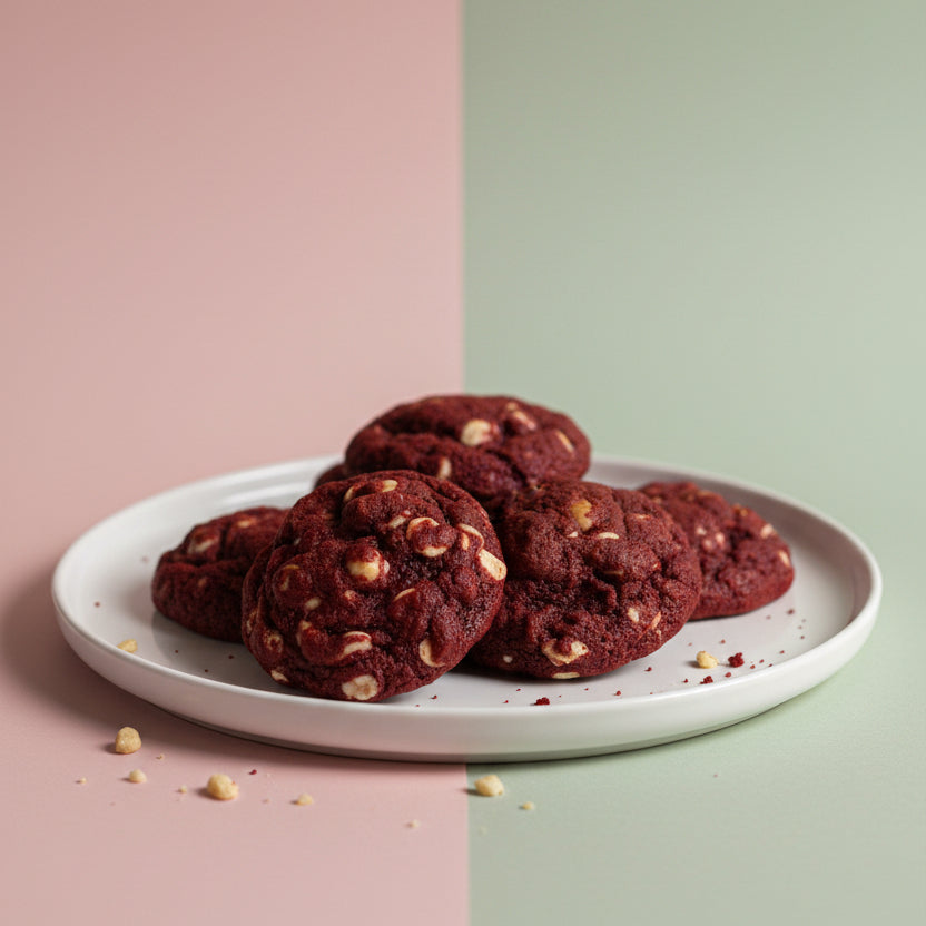 A photo showing a batch of red velvet cookies with white chocolate chips on a wooden surface.